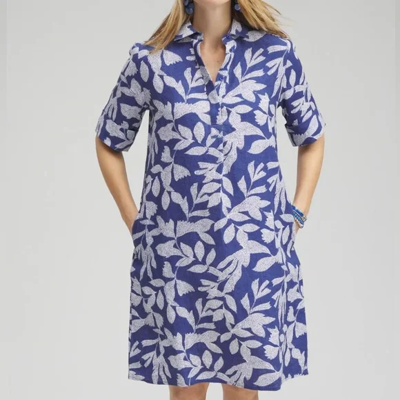 Chico’s Linen Leaf Print Popover Shirt Dress size 3 XL 16 Blue - Picture 1 of 9
